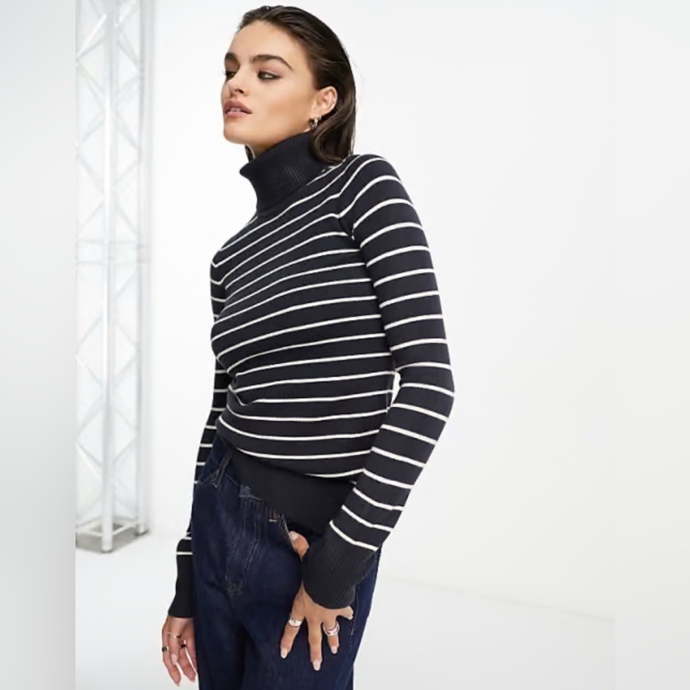 French Connection Navy Stripe‎ Roll Neck Cotton Sweater Women’s M Preppy Chic